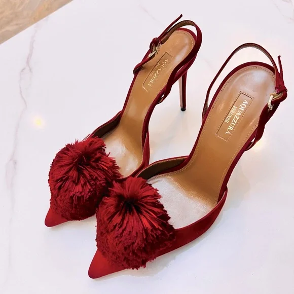 Aquazzura Red Pom Pom Heels - Picture 1 of 14